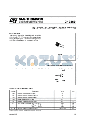 2N2369 datasheet - HIGH-FREQUENCY SATURATED SWITCH