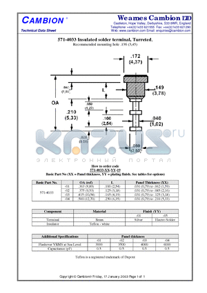 571-4033 datasheet - Insulated solder terminal, Turreted