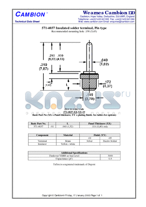 571-4037 datasheet - Insulated solder terminal, Pin type