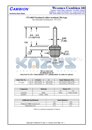 571-4043 datasheet - Insulated solder terminal, Pin type