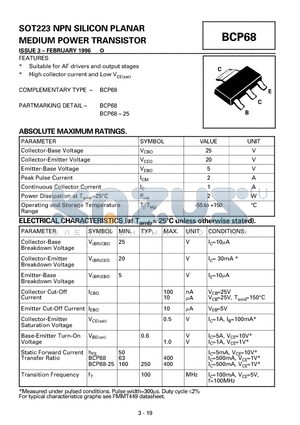 BCP68 datasheet - NPN SILICON PLANAR MEDIUM POWER TRANSISTOR