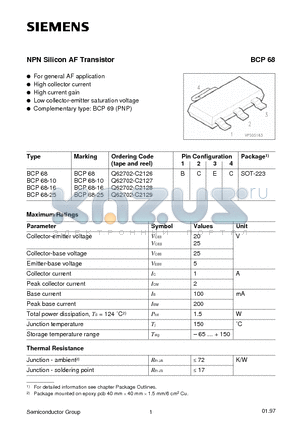 BCP68 datasheet - NPN Silicon AF Transistor (For general AF application High collector current High current gain)