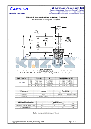 571-4025 datasheet - Insulated solder terminal, Turreted