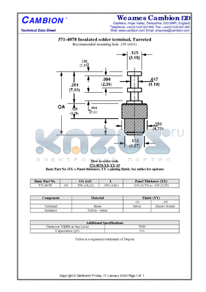 571-4078 datasheet - Insulated solder terminal, Turreted