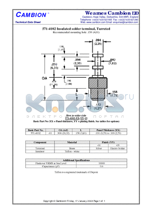 571-4102 datasheet - Insulated solder terminal, Turreted