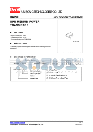 BCP68 datasheet - NPN MEDIUM POWER TRANSISTOR