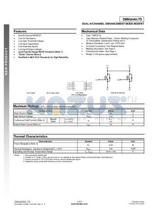 DMN2040LTS-13 datasheet - DUAL N-CHANNEL ENHANCEMENT MODE MOSFET