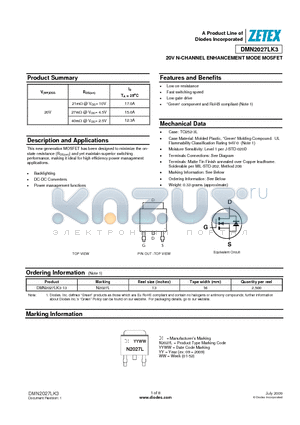 DMN2027LK3 datasheet - 20V N-CHANNEL ENHANCEMENT MODE MOSFET