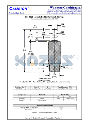 571-4125 datasheet - Insulated solder terminal, Pin type