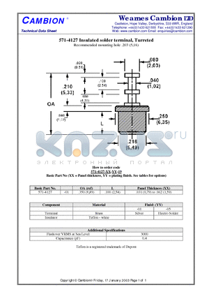 571-4127 datasheet - Insulated solder terminal, Turreted