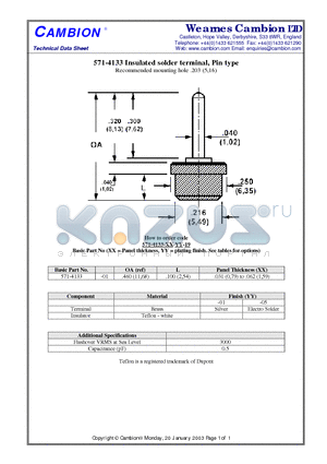 571-4133 datasheet - Insulated solder terminal, Pin type