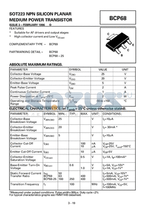 BCP68-25 datasheet - NPN SILICON PLANAR MEDIUM POWER TRANSISTOR