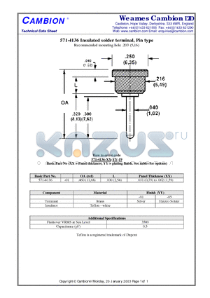 571-4136 datasheet - Insulated solder terminal, Pin type