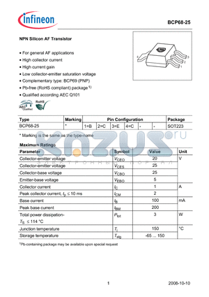 BCP68-25 datasheet - NPN Silicon AF Transistor