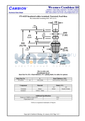 571-4155 datasheet - Insulated solder terminal, Turreted, Feed thru