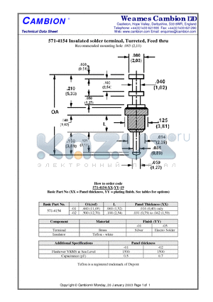 571-4154 datasheet - Insulated solder terminal, Turreted, Feed thru