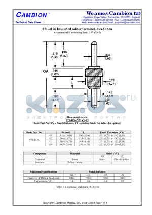 571-4176 datasheet - Insulated solder terminal, Feed thru