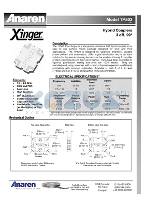 1P503 datasheet - Hybrid Couplers 3 dB, 90`