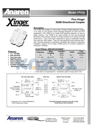 1P520 datasheet - Pico Xinger 20dB Directional Coupler