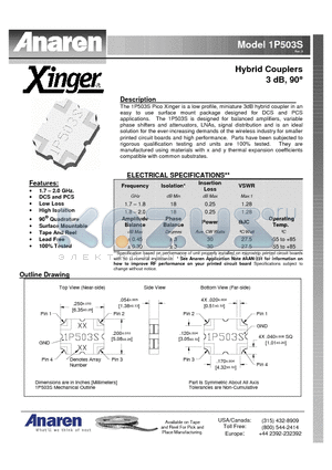 1P503S datasheet - Hybrid Couplers 3 dB, 90`