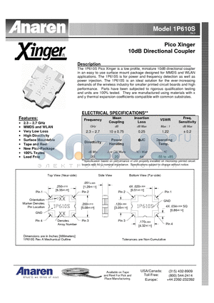 1P610S datasheet - Pico Xinger 10dB Directional Coupler