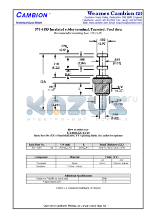 571-4185 datasheet - Insulated solder terminal, Turreted, Feed thru