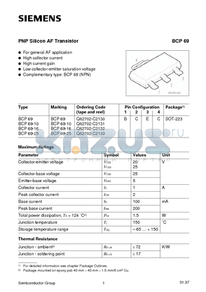 BCP69 datasheet - PNP Silicon AF Transistor (For general AF application High collector current High current gain)
