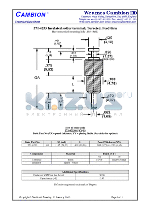 571-4233 datasheet - Insulated solder terminal, Turreted, Feed thru