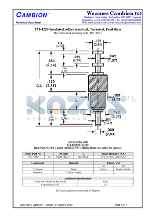 571-4250 datasheet - Insulated solder terminal, Turreted, Feed thru