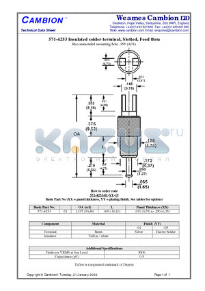 571-4253 datasheet - Insulated solder terminal, Slotted, Feed thru