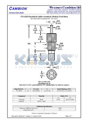 571-4254 datasheet - Insulated solder terminal, Slotted, Feed thru