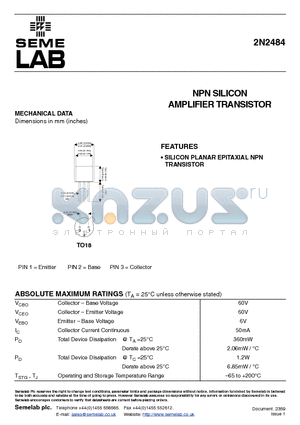 2N2484 datasheet - NPN SILICON AMPLIFIER TRANSISTOR
