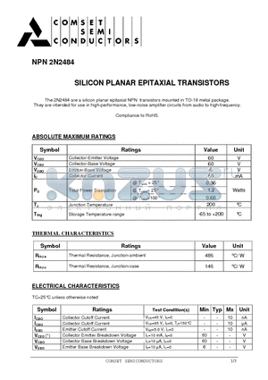 2N2484 datasheet - SILICON PLANAR EPITAXIAL TRANSISTORS