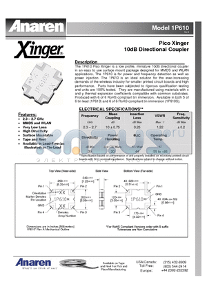 1P610 datasheet - Pico Xinger 10dB Directional Coupler