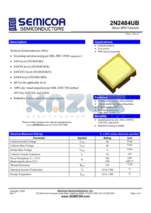 2N2484UB datasheet - Silicon NPN Transistor