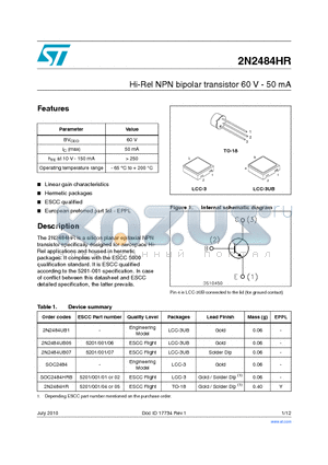 2N2484HR datasheet - Hi-Rel NPN bipolar transistor 60 V - 50 mA