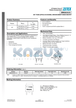 DMN3024LK3 datasheet - 30V TO252 (DPAK) N-CHANNEL ENHANCEMENT MODE MOSFET