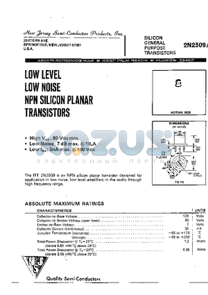 2N2509A datasheet - LOW LEVEL LOW NOISE NPN SILICON PLANAR TRANSISTORS