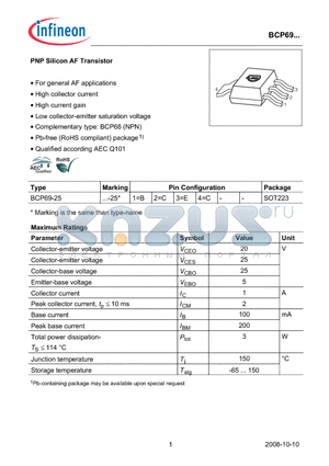 BCP69-25 datasheet - PNP Silicon AF Transistor