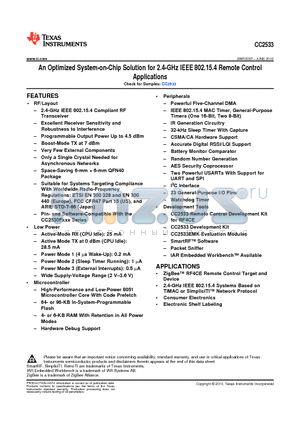 CC2533F64RHAT datasheet - An Optimized System-on-Chip Solution for 2.4-GHz IEEE 802.15.4 Remote Control Applications