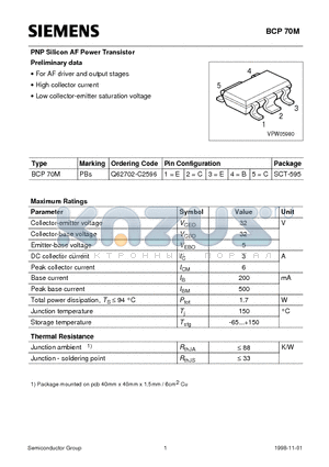 BCP70 datasheet - PNP Silicon AF Power Transistor (For AF driver and output stages High collector current)