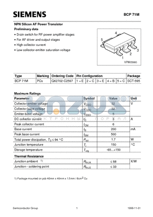 BCP71 datasheet - NPN Silicon AF Power Transistor (Drain switch for RF power amplifier stages For AF driver and output stages High collector current)