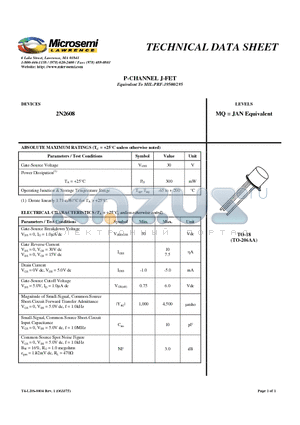 2N2608 datasheet - P-CHANNEL J-FET