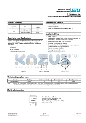 DMN4009LK3-13 datasheet - 40V N-CHANNEL ENHANCEMENT MODE MOSFET