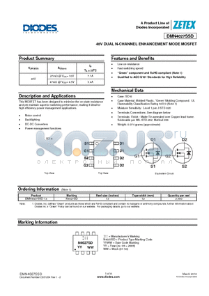 DMN4027SSD-13 datasheet - 40V DUAL N-CHANNEL ENHANCEMENT MODE MOSFET