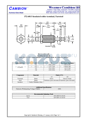 572-4813 datasheet - Insulated solder terminal, Turreted