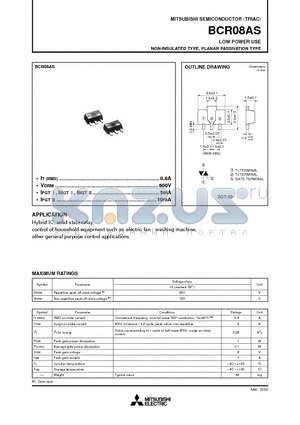 BCR08AS datasheet - LOW POWER USE NON-INSULATED TYPE, PLANAR PASSIVATION TYPE