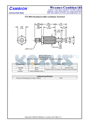 572-4816 datasheet - Insulated solder terminal, Turreted