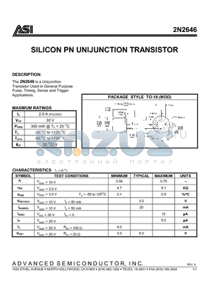 2N2646 datasheet - SILICON PN UNIVUNCTION TRANSISTOR