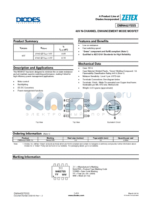 DMN4027SSS datasheet - 40V N-CHANNEL ENHANCEMENT MODE MOSFET